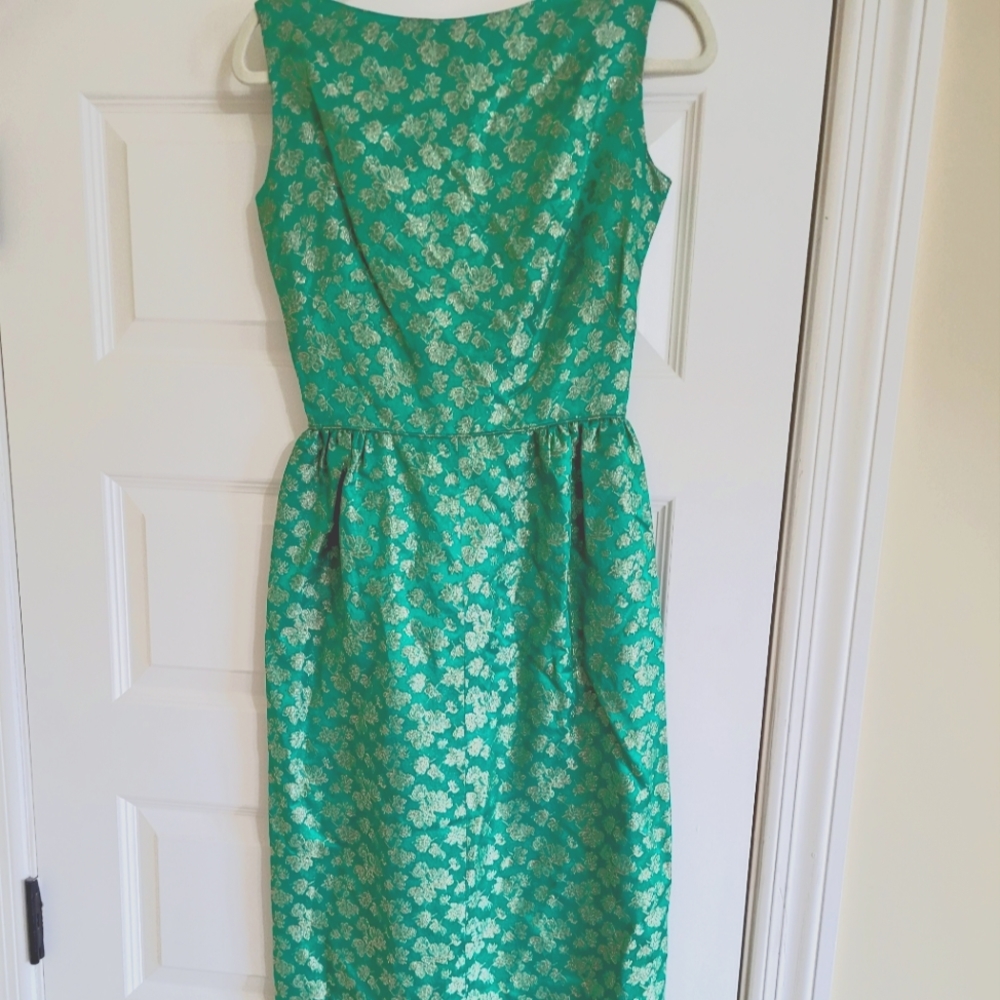 Vintage 1950s  Jay Hebert Green and Gold Brocade cocktail dress.